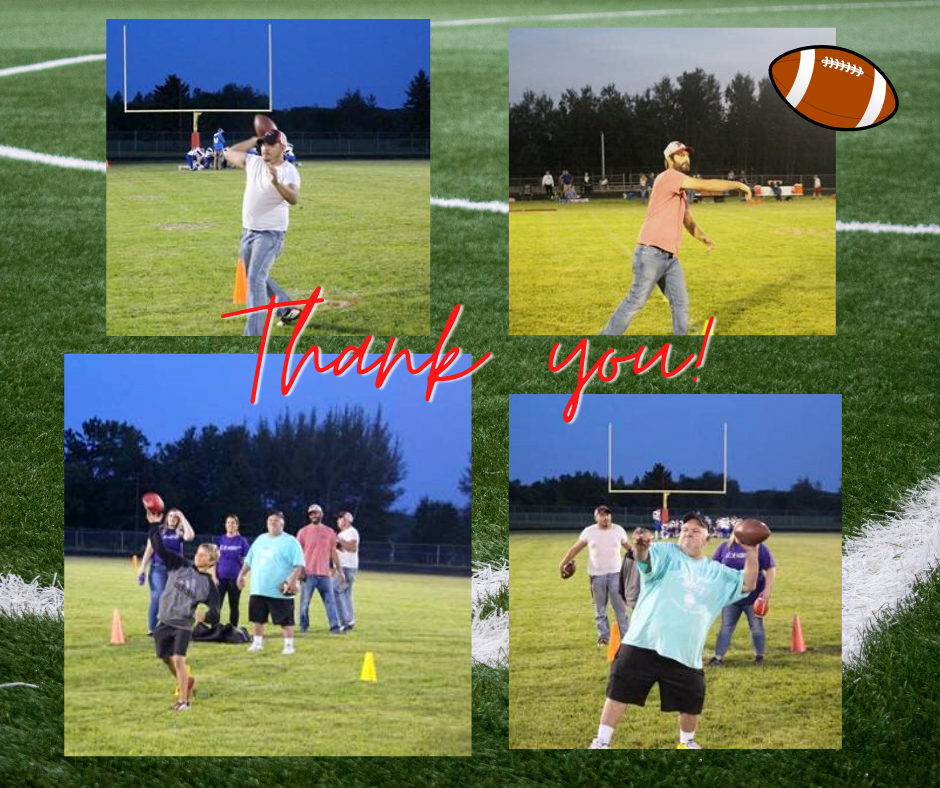 Collage of spectators throwing footballs into a trash can 10 yards away trying to win the contest. 