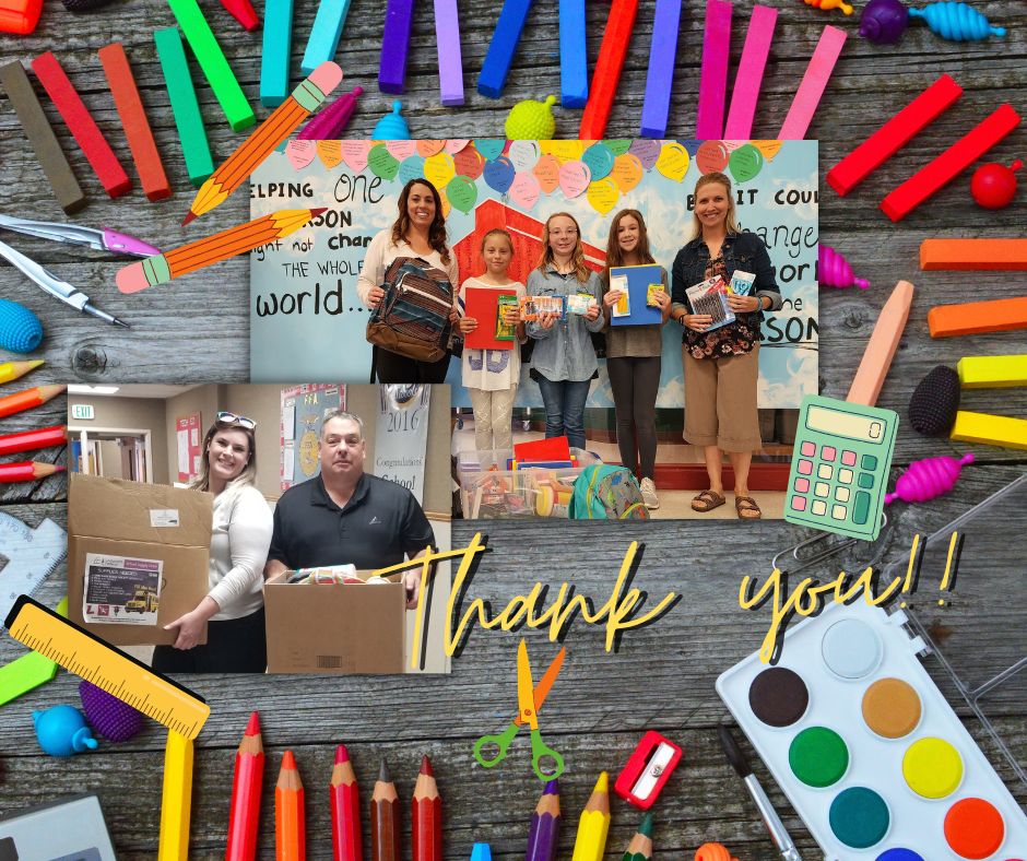 Collage of Bank Employees posing with School Administrators with the school supply donations collected